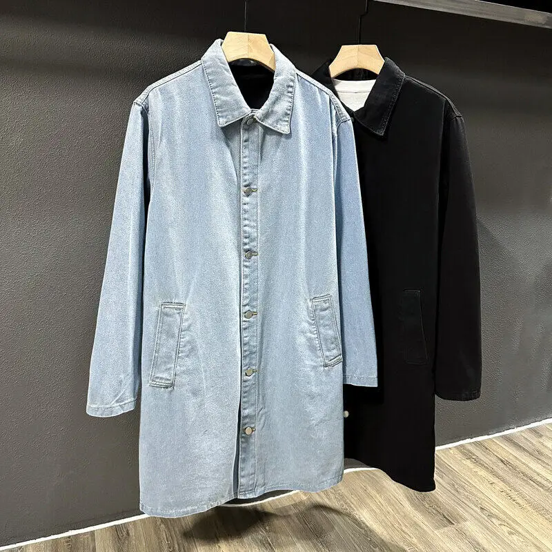 

Long Style High Street Men Trench Coat Washed Retro Blue Black Denim Jacket Spring Autumn Outerwear Vintage Jackets man