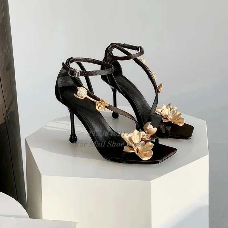 

Black Silk Stiletto Sandals Gold Flower Simple Pearl Stamens Fashionable Square Toe Peep Toe High Heels Wedding Party Dress Shoe