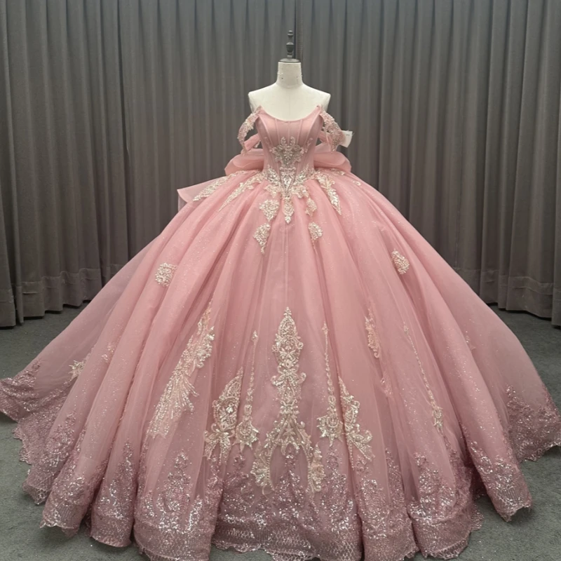 

Pink Shiny Princess Sweet 16 Dress Dress Quinceanera Dresses Applique Lace Bow Beading Tull Party Birthday Vestidos 15 De Anos