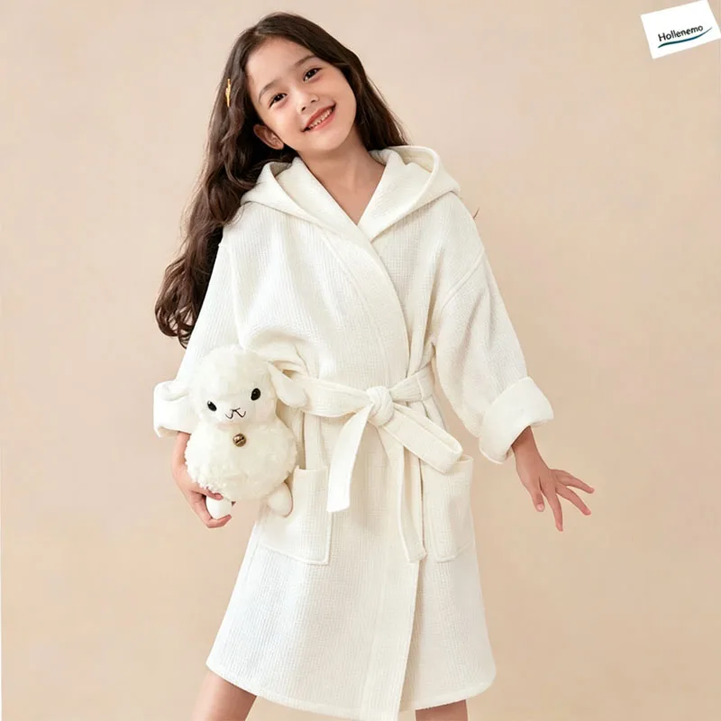 Boys Girls Hooded Waffle Cotton Bathrobe Bear Ears Turn‑Up Cuffs Soft Absorbent Terry Sleepwear Kids Home Bath Wear