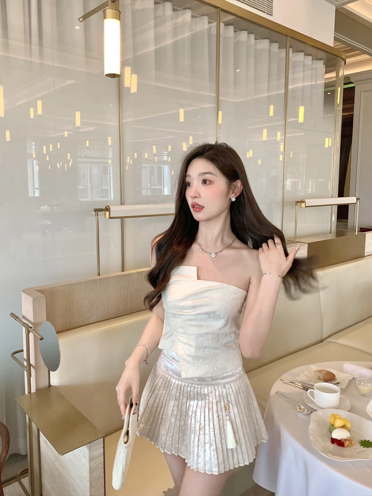 

Chen Chencheng Irregular Pleated Embroidered Strapl Top Ele Women's Summer New Sle Polyester ort Fit Bodycon