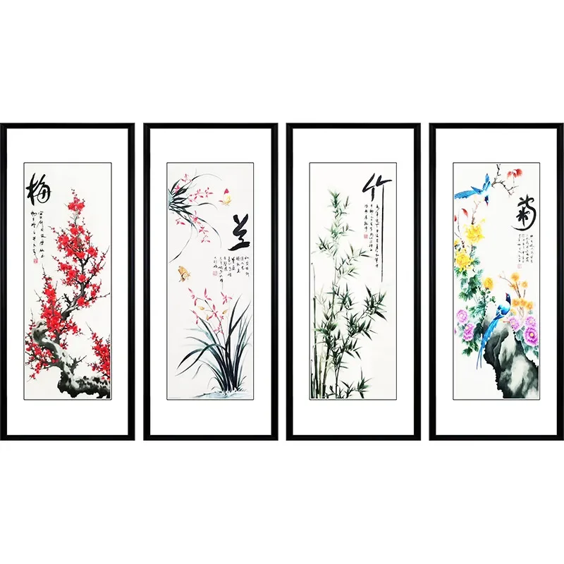 Pure handmade joint screen embroidery flower and bird landscape four screens