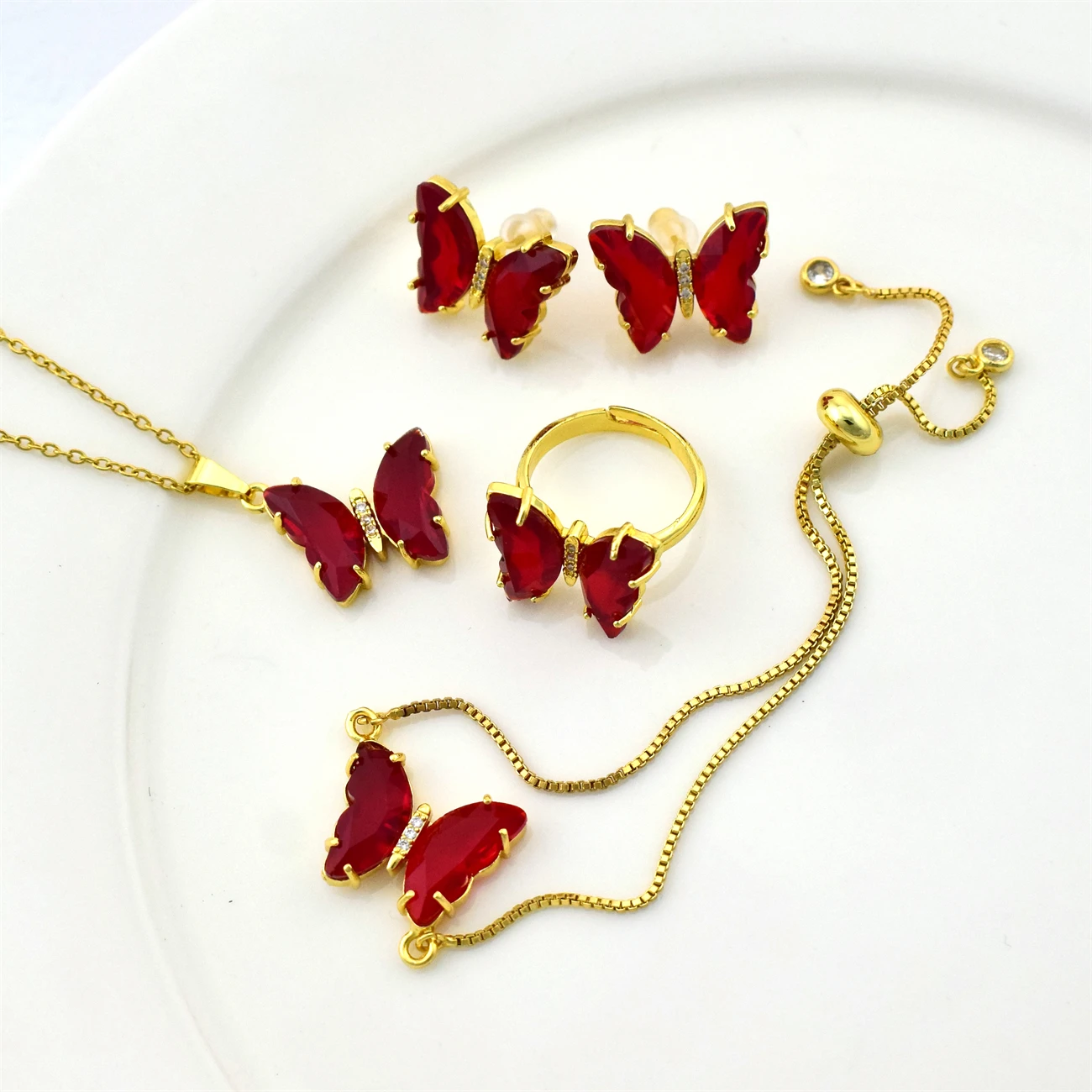 

High Quality Ladies Fashion Jewelry Set Butterfly Crystal Zircon Bracelet Ring Necklace Earring Gold Set Present Party Gift