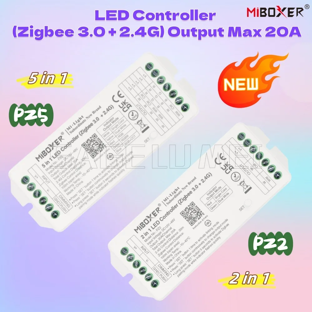 

Miboxer DC12-48V 2IN1-PZ2/5IN1-PZ5 20A Universal LED Controller Single/Dual Multi-Color(RGB/RGBW/CCT) Support (Zigbee3.0+2.4G)