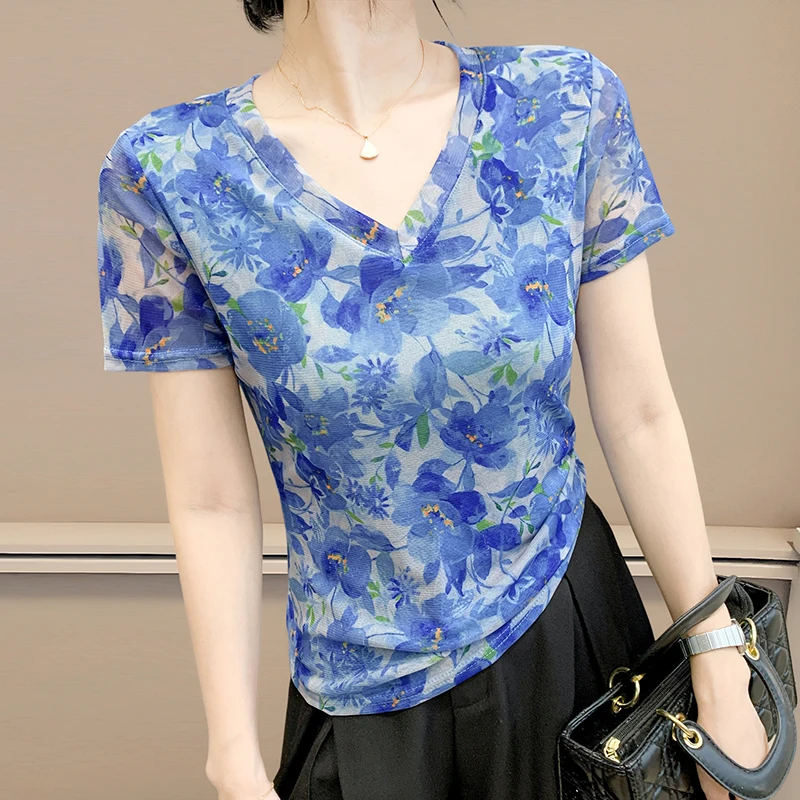 Summer 2025 Trendy Women's Tops V-Neck Lace Mesh Print Short Sleeve Tee Shirt Fashion Layering Top