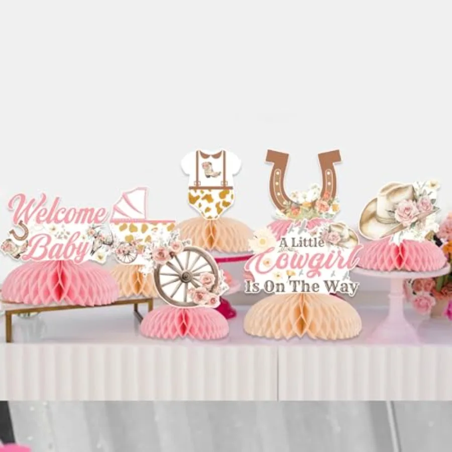 카우걸 베이비 샤워 장식 8개 세트 서부풍 '작은 카우걸이 온 길다' 허니콤 센터피스 핑크 플로럴 테이블 토퍼