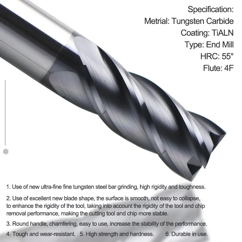 밀링 커터 4 플루트 밀링 커터 라우터 비트, 1-20mm HRC 50 카바이드 엔드 밀 TiALN 코팅 CNC 기계 밀링 도구