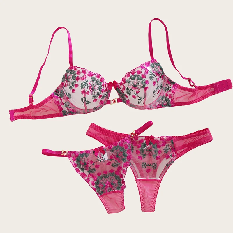 

Women's Lingerie 3 Pieces Floral Embroidery Bra Panties Sets Rose Red Romantic Lace Underwear Intimate See Through Sexy Lingerie
