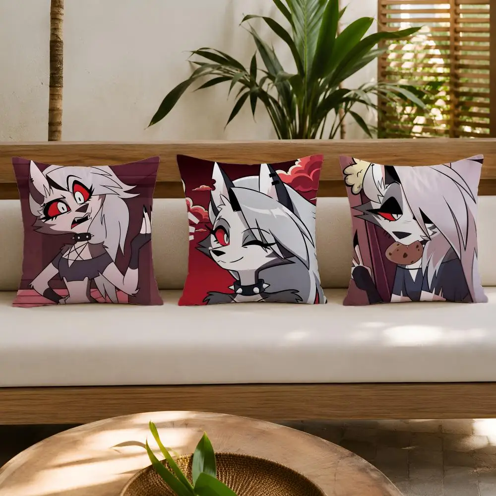 Cartoon H-Helluva Boss Loona Cushion Cover Wrinkle-Resistant Short Plush Cushion Covers Breathable Machine-Washable