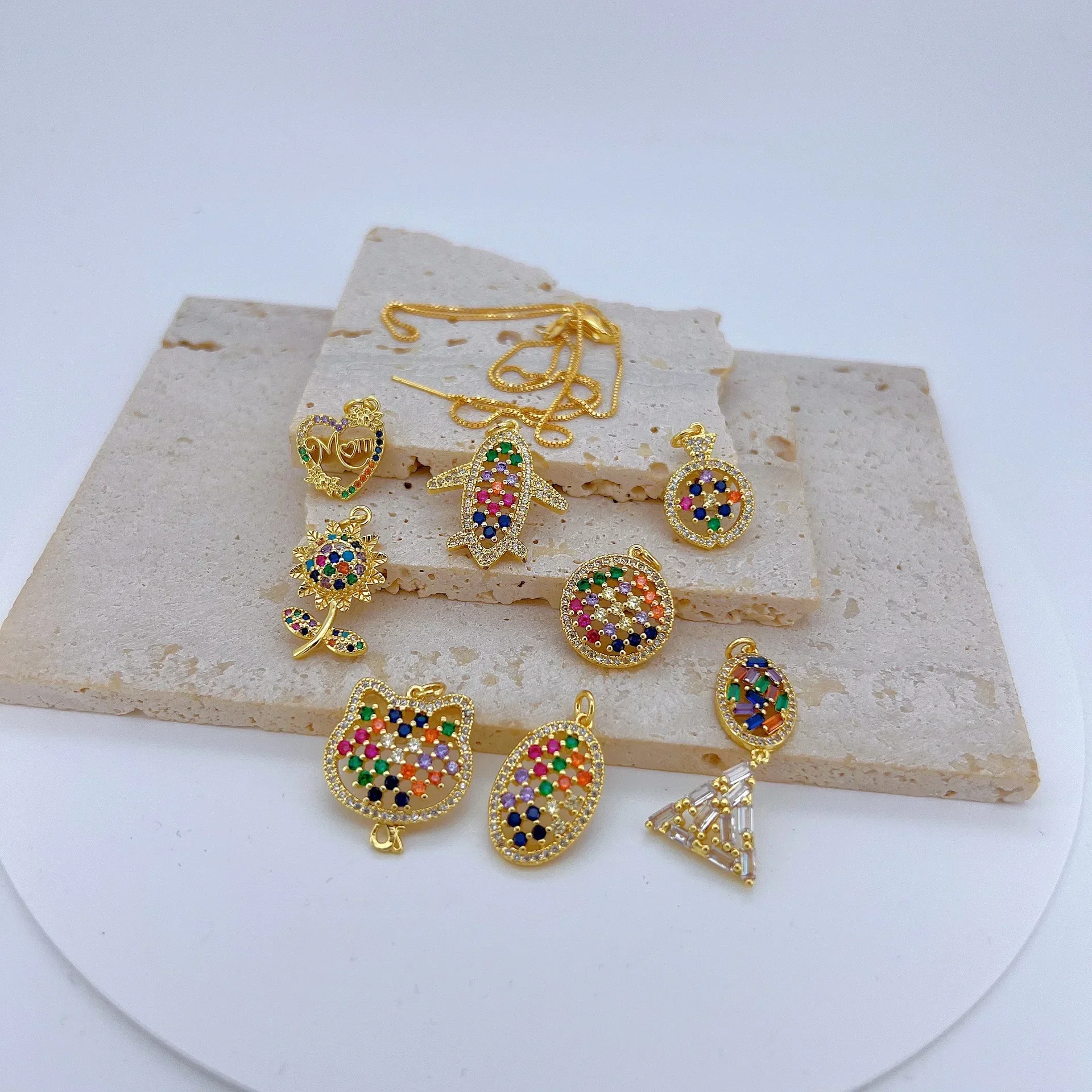 Copper Inlay Color Zircon Pendant Diy Necklace Earring Jewelry Making Sunflower Heart Cat Airplane Round Oval Hollow Accessories