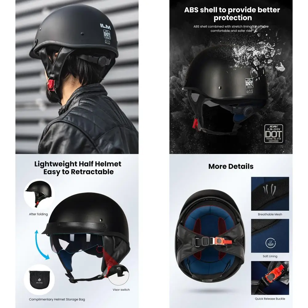 

Motorcycle Half Helmet with Sun Visor, Quick Release Buckle, DOT Certified, Suitable for Cycling and Motocross, XX-Large, Matte