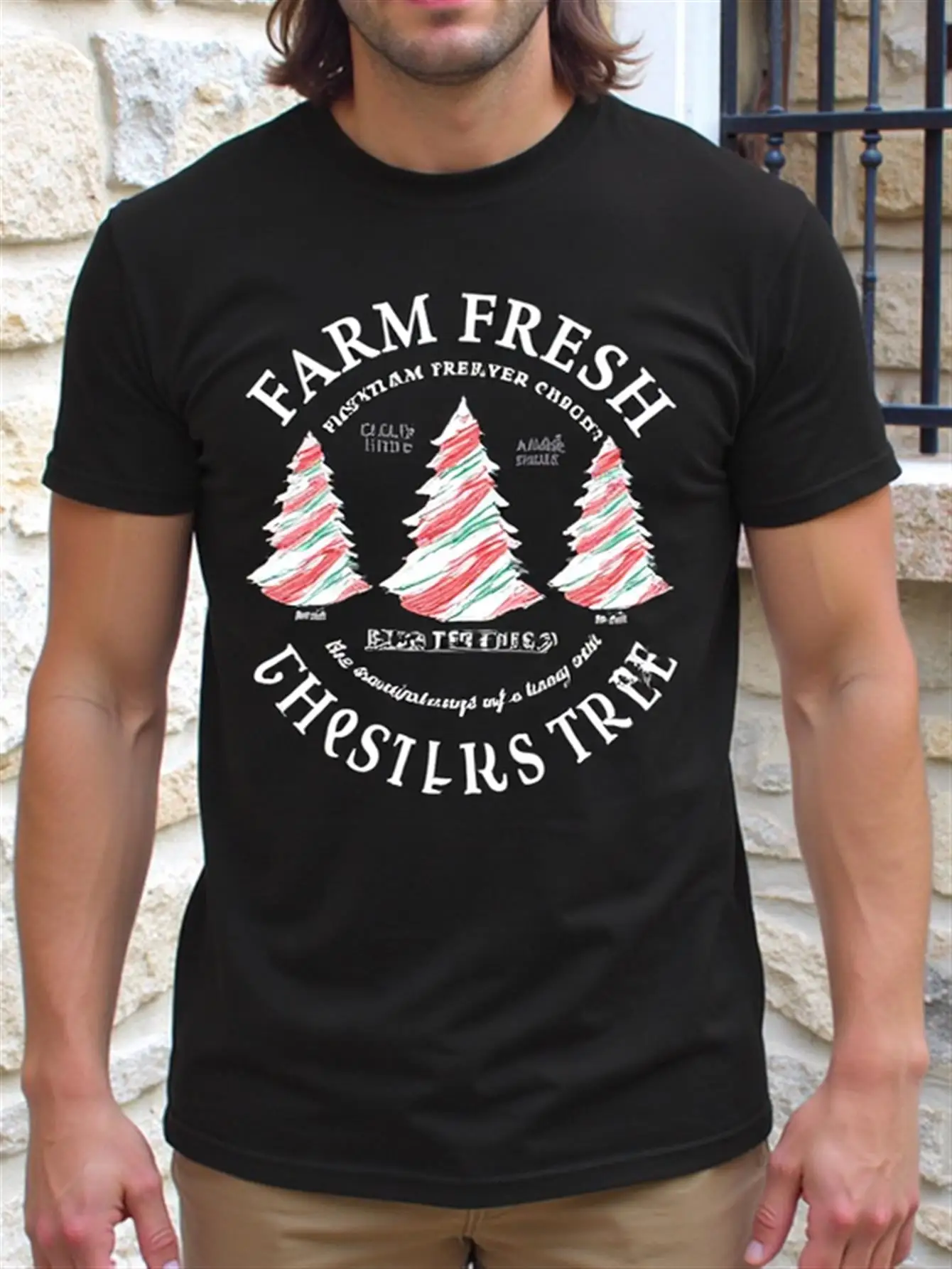 

Мужская футболка с узором «Рождественская елка» Черная праздничная футболка с красными и зелеными сосновыми деревьями Мягкая дышащая хлопковая рубашка Подходит для рождественских фермерских рынков Повсесезонная одежда Идеальный мужской подарок