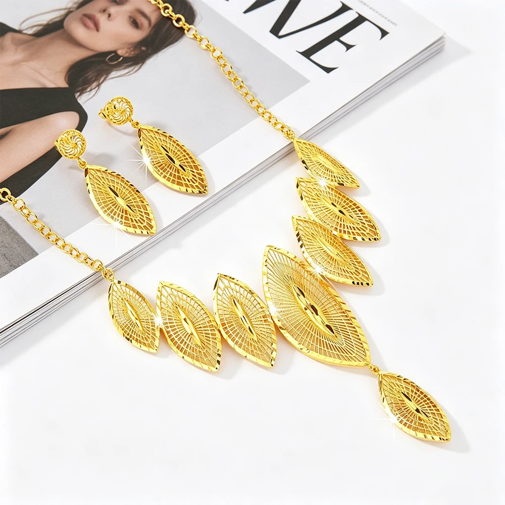 

Marquise Leaf Shaped Pendant Necklace And Earring Set 24K Gold Plated Jewelry Dubai African Classic Statement Jewelry For Women
