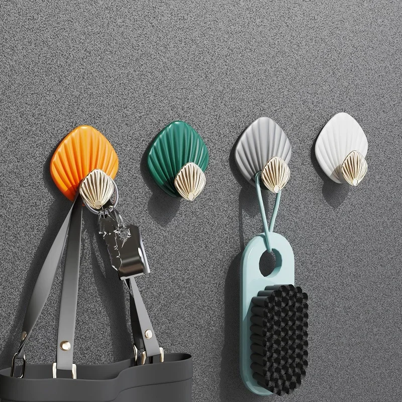 4pcs Creative Shell Shape Wall Hanging Hook Punch-free Strong Adhesive Hook Bathroom Kitchen Wall-mounted Seamless Sticky Hook