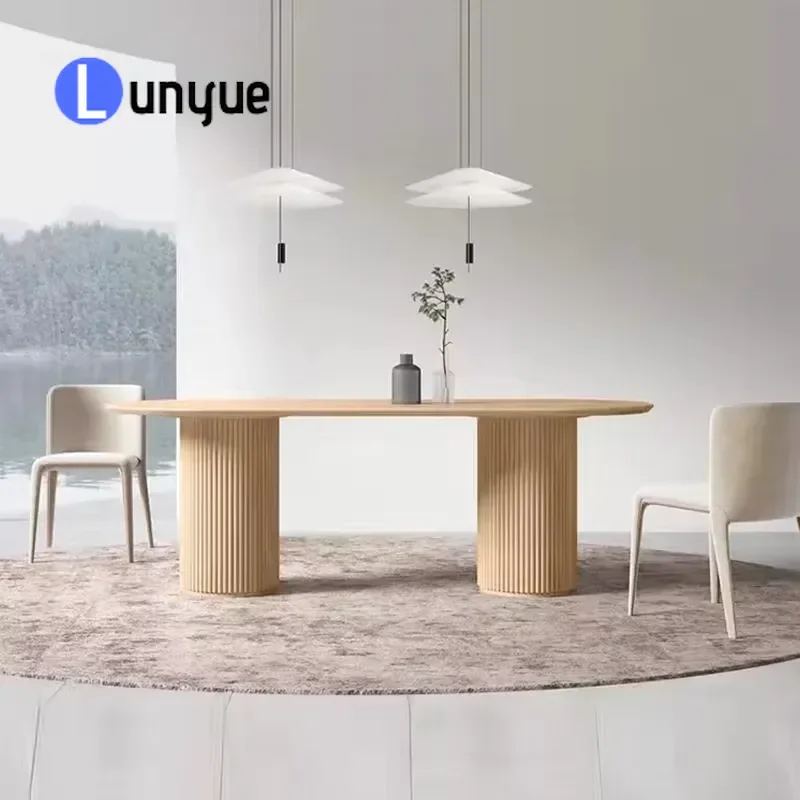 Japanese Cream Style Solid Wood Dining Table Roman Column Pedestal Base For 6-10 People Apartment Home Furniture