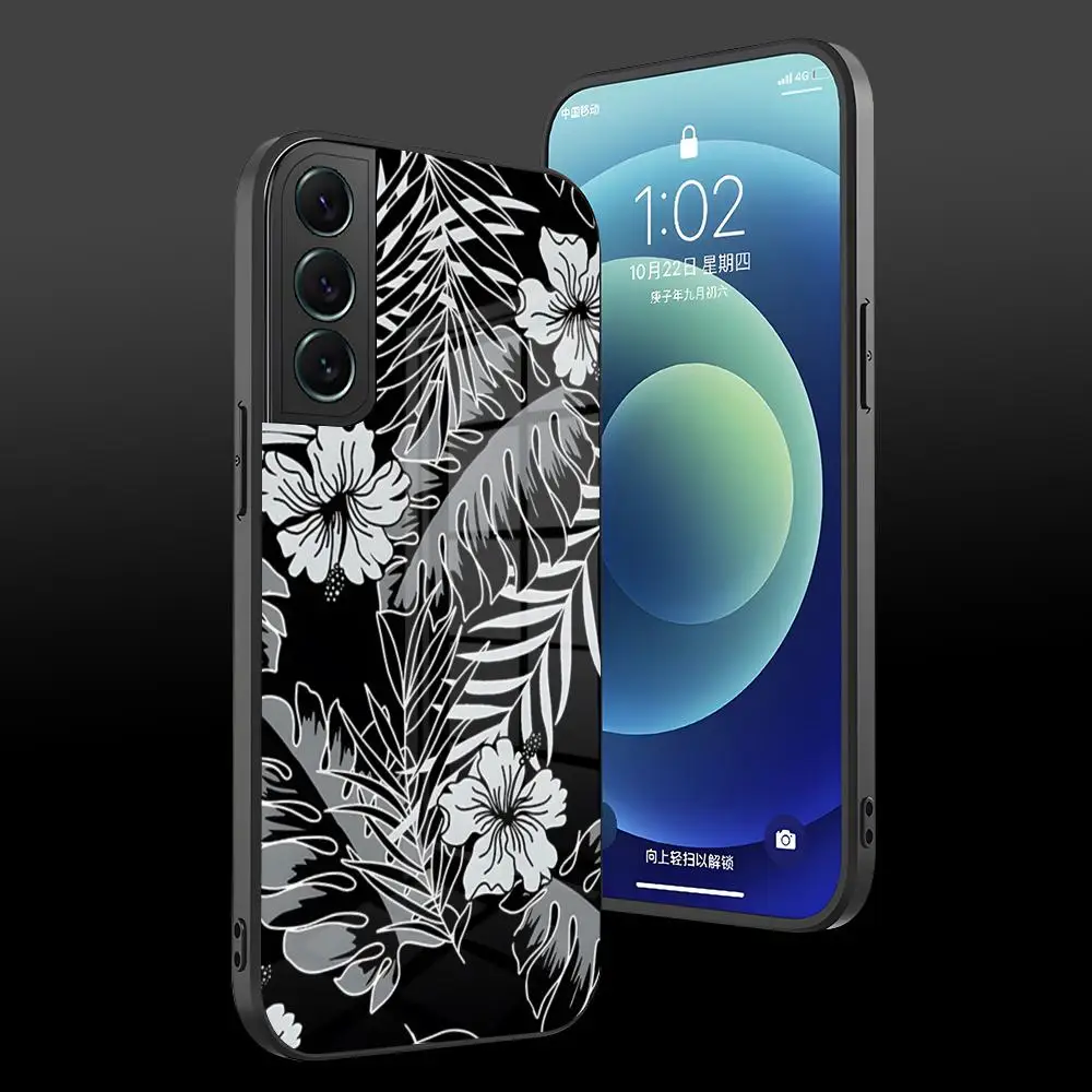 Hibiscus Retro Hawaiian Flower Phone Case Glass Shell For Samsung S23 S21 S22 S30 S20 S9 S10E Note 20 10 Ultra Pro Plus Coque