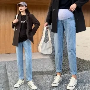 Maternity Pants Spring and Summer Thin Denim Straight Pants Pregnant Women Spring and Autumn Loose Ninth Daddy Pants Large Size