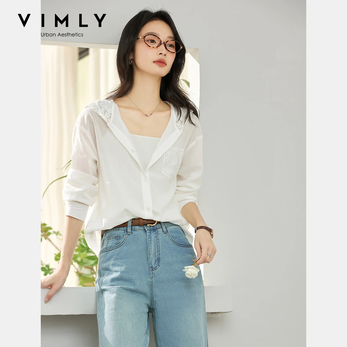

VIMLY Lace Hooded Sunscreen Shirt Women's 2025 Summer Casual White 100% Cotton Lace Pockets Button-up Front Ladies Blouses A1883