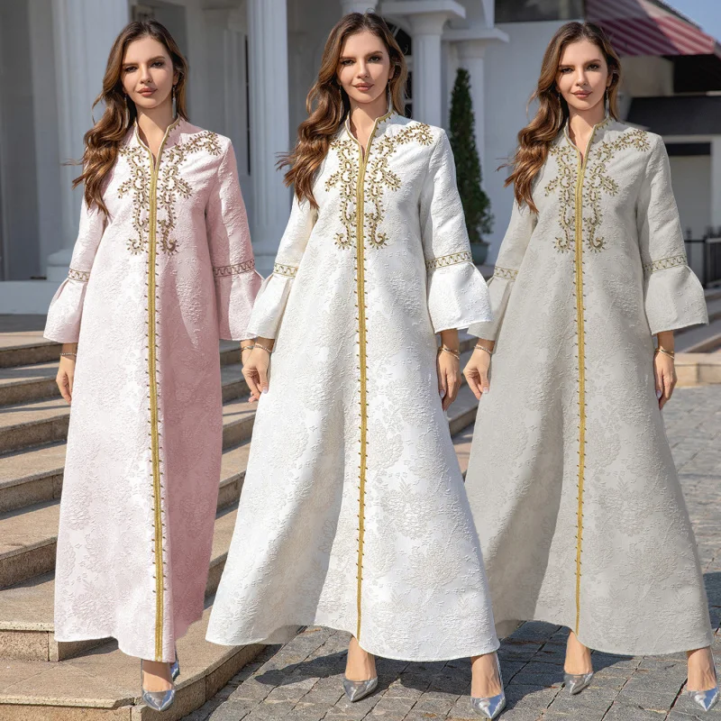 

Ramadan Luxury Muslim Abayas for Women - Embroidered Kaftan with Petal Sleeves, Dubai Moroccan Inspired White Evening Dress W001