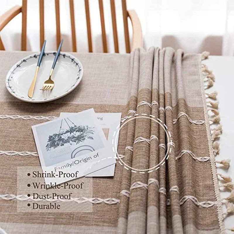 Cotton Linen Tablecloths, Wrinkle Free Anti-Fading Table Cloth, Tassel Rectangle Indoor & Outdoor Dining Table Cover