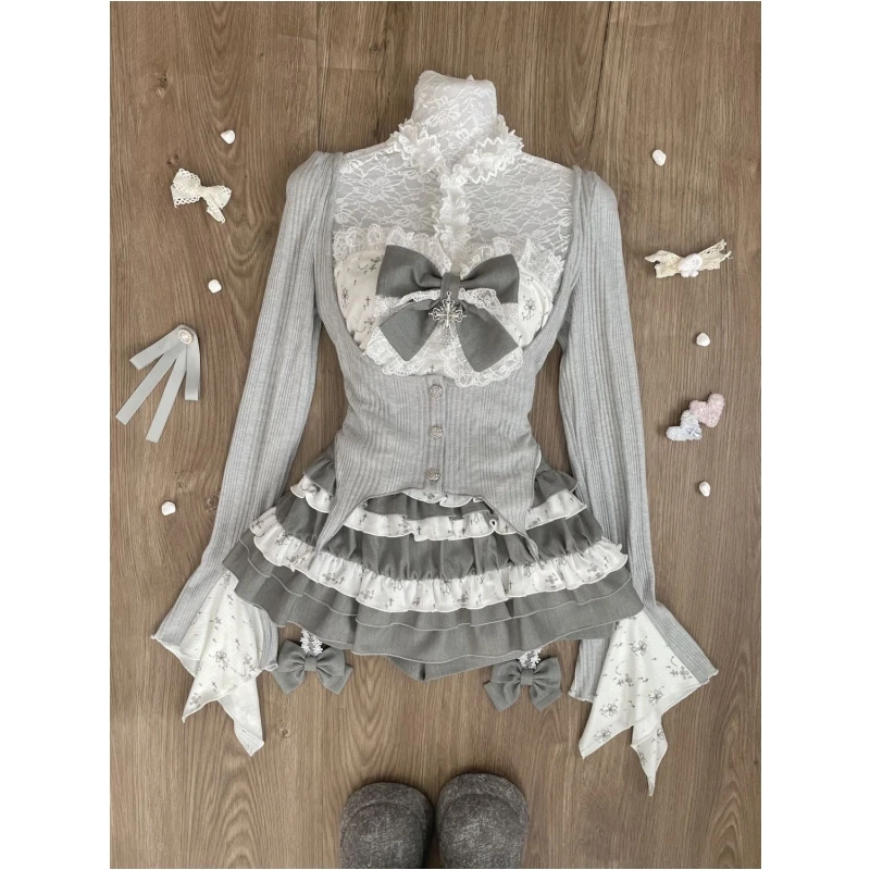 

Spring Grey Open Cardigan Jacket Floral Print Asymmetrical Neck Design Splice Skirt Set Women's Fashion Ensemble Long Sleeve