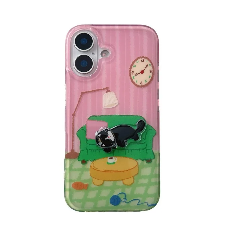 Мультяшный обеденный стол, 3D вращающийся чехол для телефона с черным котом для iPhone 17, 16, 15, 14 Pro Max, полное покрытие