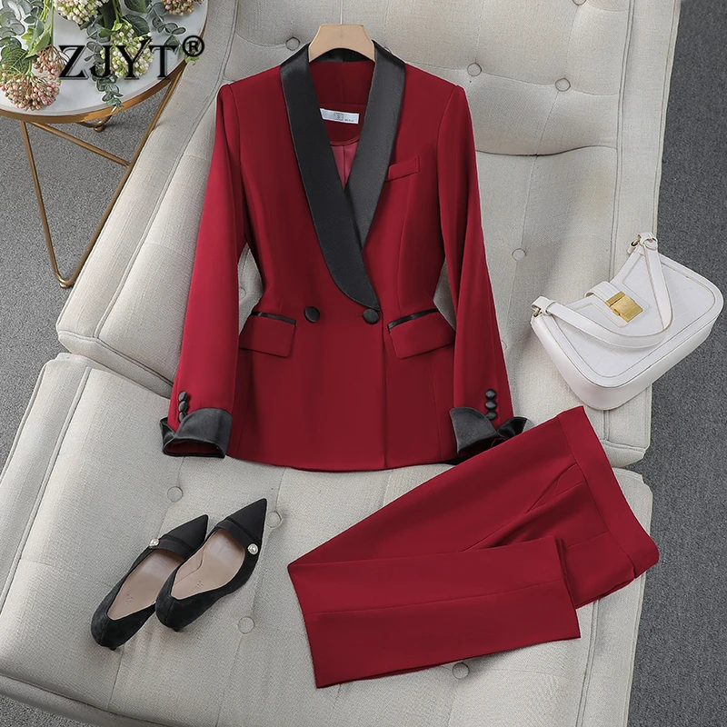 ZJYT Office Lady Hit Color Blazer Pants Sets for Women 2 Pieces Women\'s Suits Autumn Elegant Office Lady Work Outfit Trousers