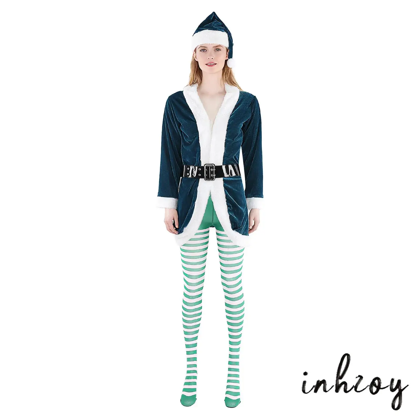 

Womens 4-piece Mrs Santa Claus Christmas Outfit Pompom Hat Long Sleeve Open Front Robe+Belt+Striped Pantyhose for Xmas Cosplay