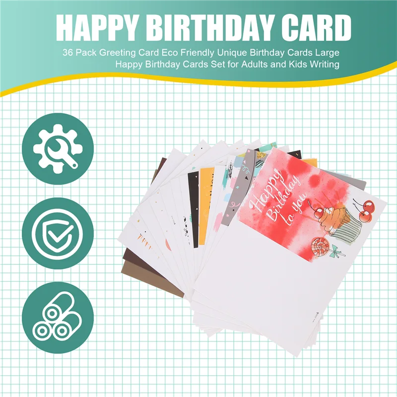 A11E-36 حزمة بطاقات المعايدة صديقة للبيئة فريدة من نوعها بطاقات عيد ميلاد كبيرة مجموعة بطاقات عيد ميلاد سعيد للكبار والأطفال الكتابة