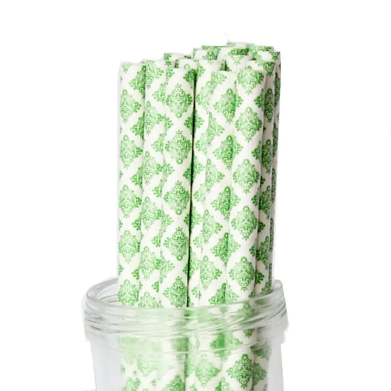 100 Pcs Forest Kelly Green Damask Paper Drinking Straws,Biodegradable Beverage BBQs Christmas Party Mason Jar Cake Pop Sticks