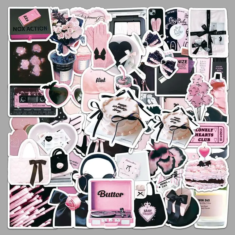 

Cute INS Style Black Pink Graffiti Stickers 52 Pieces Waterproof Decals for Phone Case Laptop Handmade Journal Decoration