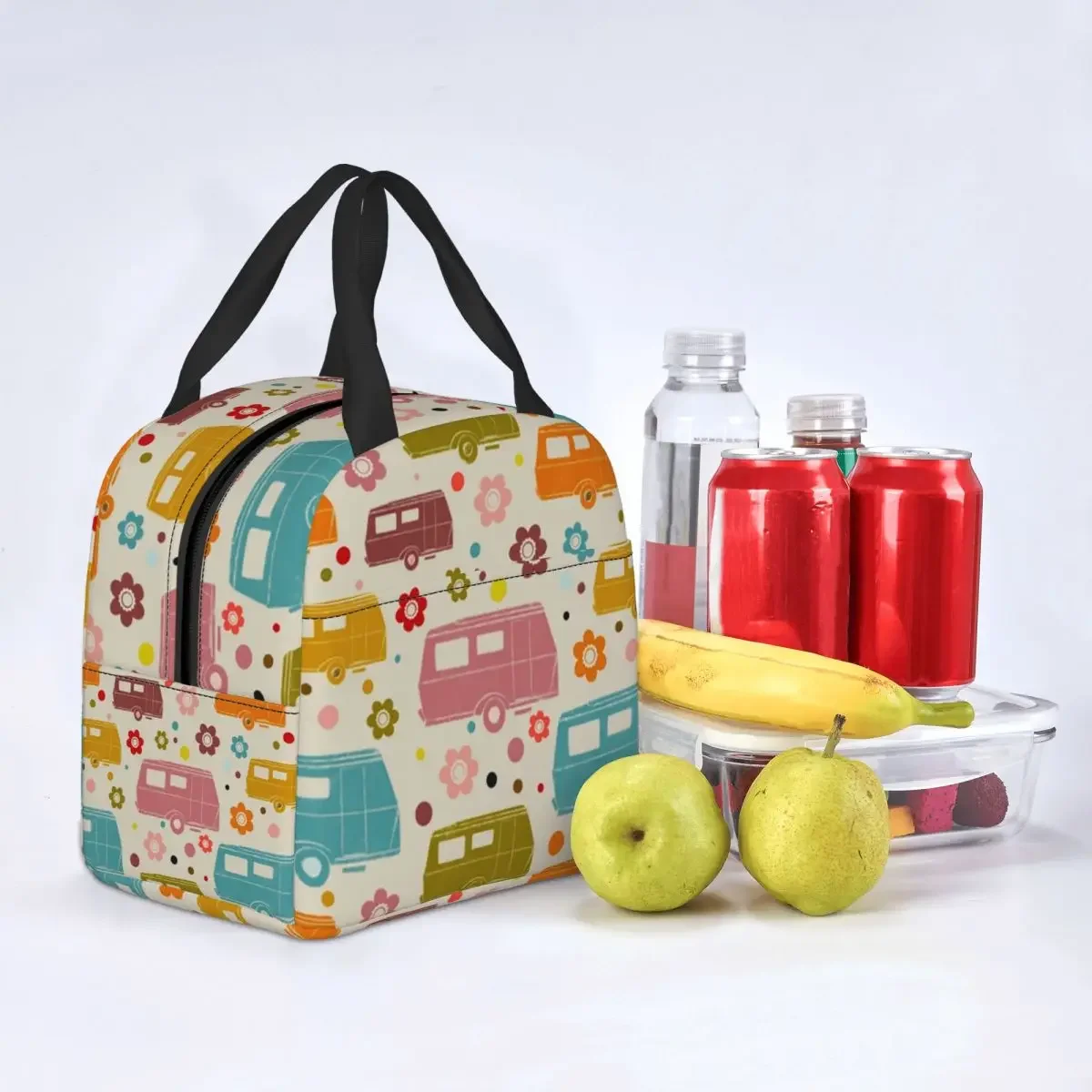 Colourful Vintage Caravans And Flowers Pattern Thermal Insulated Lunch Bags Women Happy Campers Portable Lunch Tote Food Box