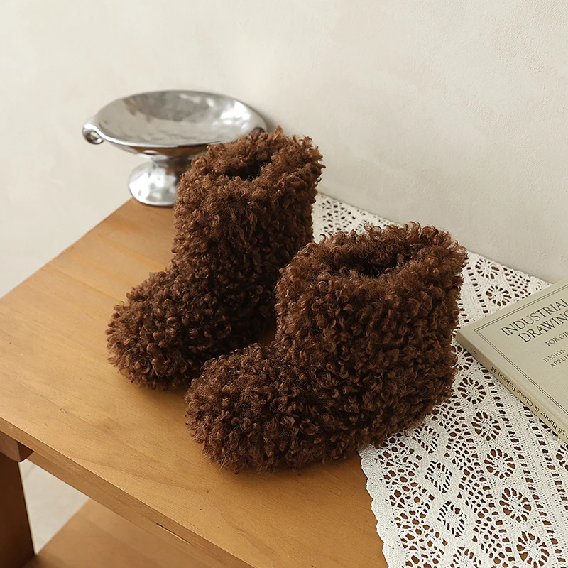 JGSHOWKITO Girls Furry Hairy Ankle Boots Winter Warm Children's Cotton Boots Outdoor Thermal Slip-on Kids Fashion Plush Boots