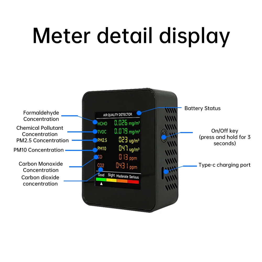 USB Type C 6-in-1 luchtkwaliteitsmonitor Multifunctioneel automatisch display Binnenkantoor Muurhangend scherm Luchtdetector