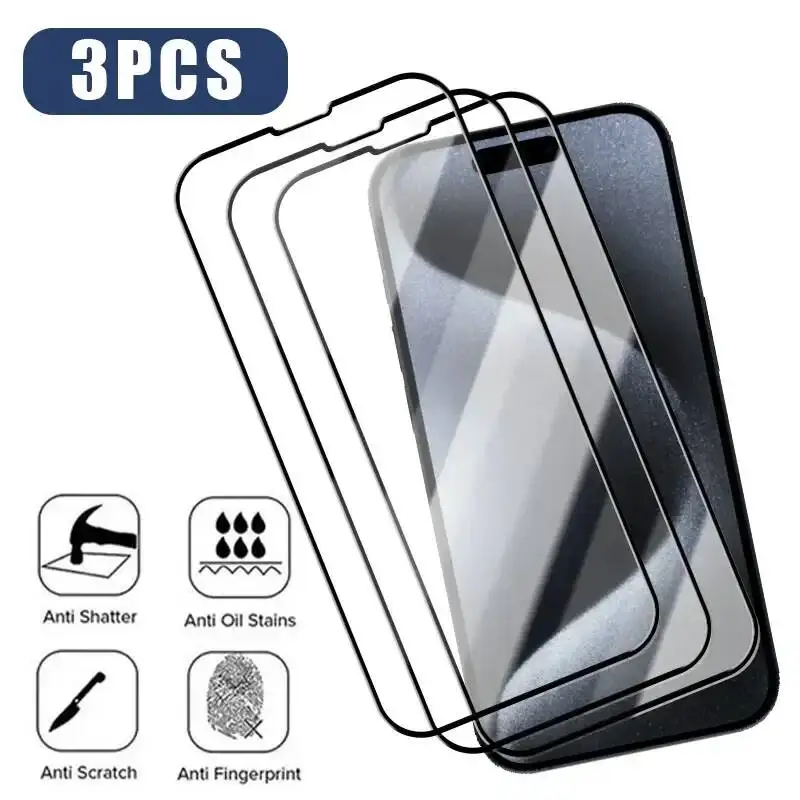 

3PCS Full Cover Tempered For 14 Plus 13 12 Mini 11 Pro Screen Protector Iphone 15 X XR XS Max Protective Glass