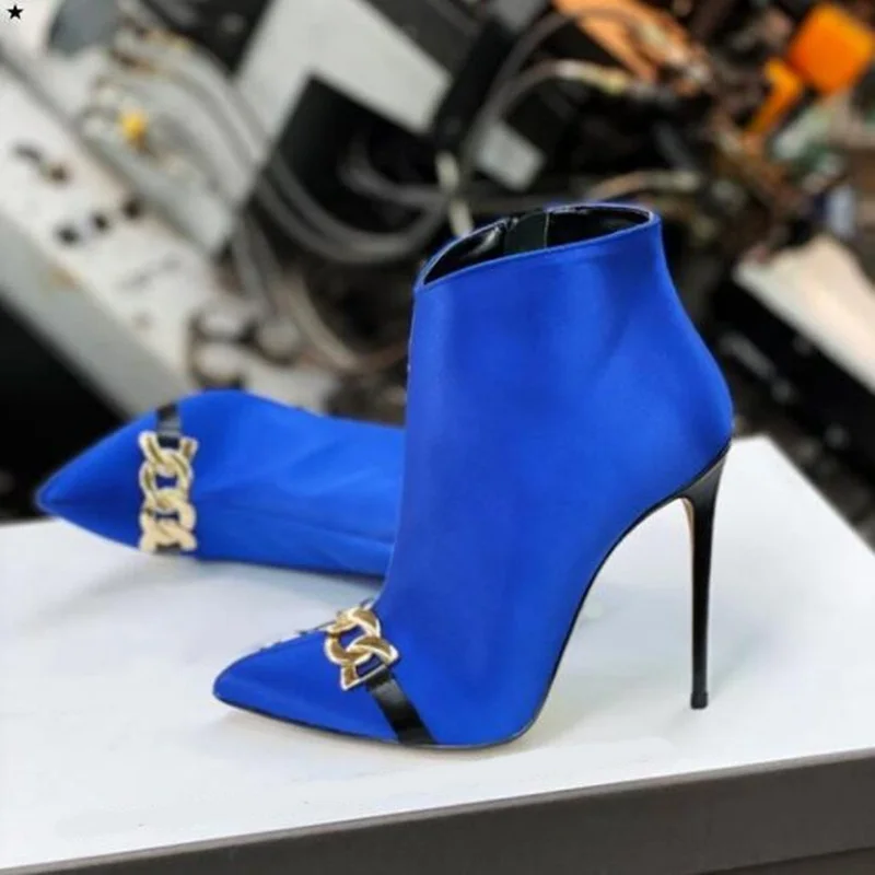 

Gold Chain Strap Pointed Toe Ankle Boots Blue Satin Side Zipper Black Stiletto High Heels Short Modern Booties Size 42