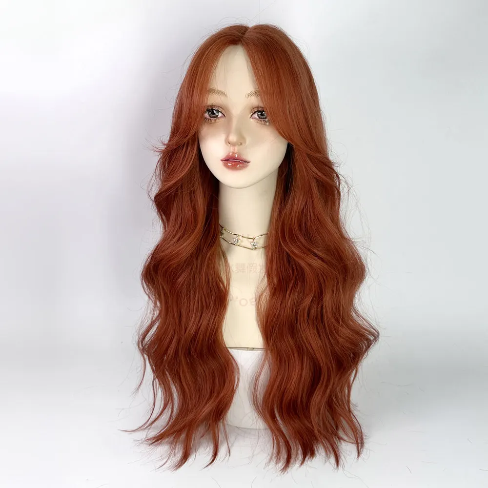 

Dirty orange wig female full hood orange brown medium long curly hair big waves cos European and American style