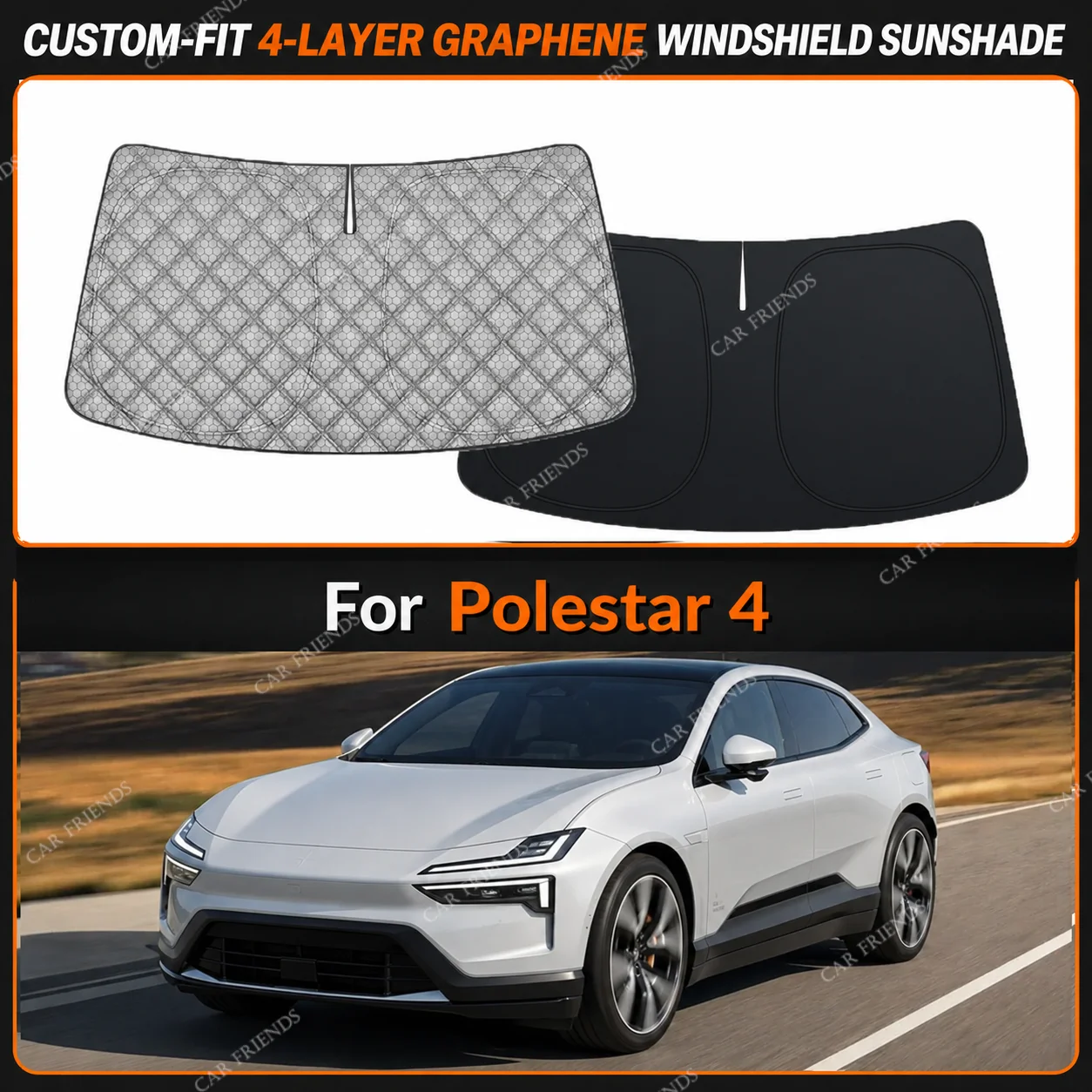 For Polestar 4 Custom-Fit 4-Layer Graphene Windshield Sunshade Reflective Gray-Silver Surface Helps Reduce Direct Sunlight