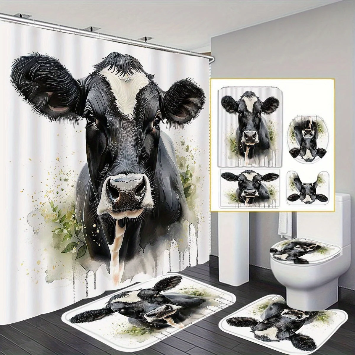 

Занавеска для душа Highland Cattle в стиле кантри, полиэстер, моющийся, с 12 крючками, нескользящий коврик для ванной, U-образный чехол на сиденье унитаза