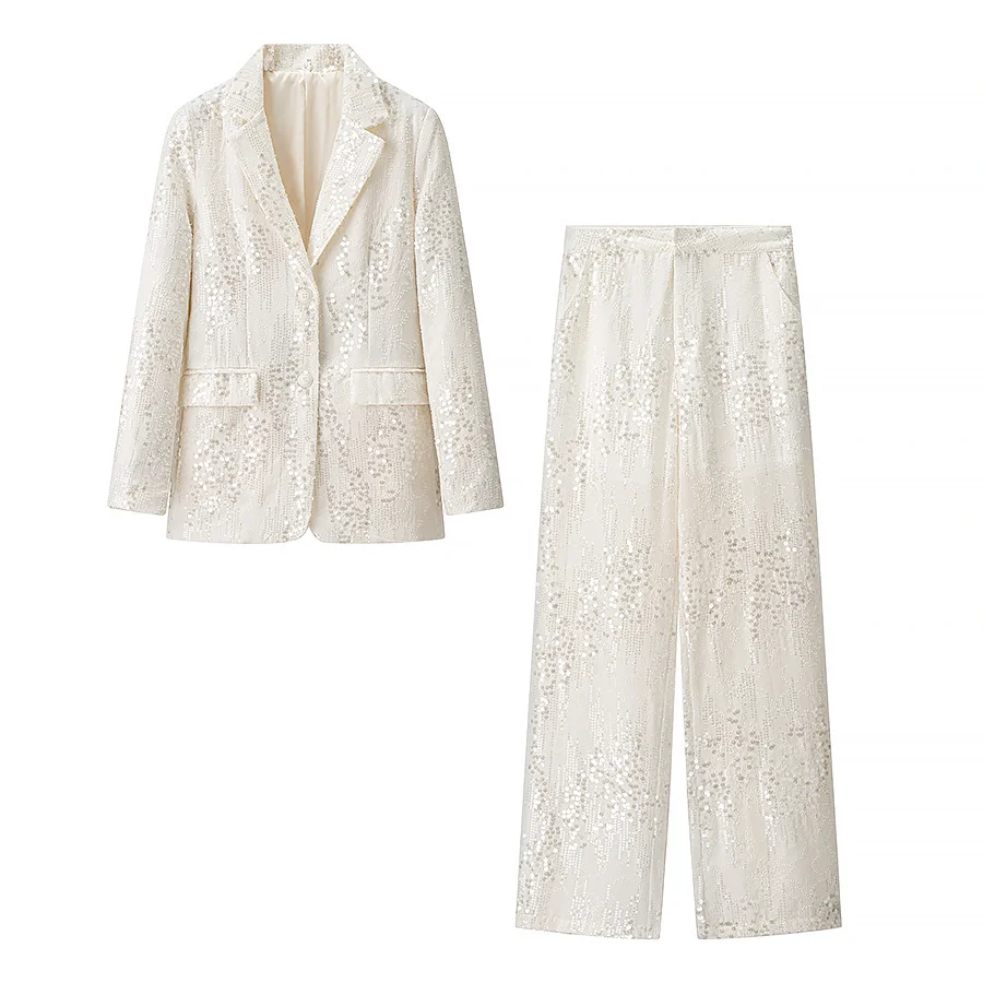 

European and American style new temperament commuting high-end two-piece suit lapel sequined suit jacket with high waist straigh