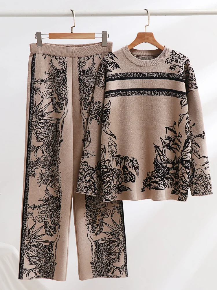 Women Printed Vintage Two Piece Sets Auutmn Winter Loose Long Sleeve Sweater and High Waisted Straight Pants Knitted Suits