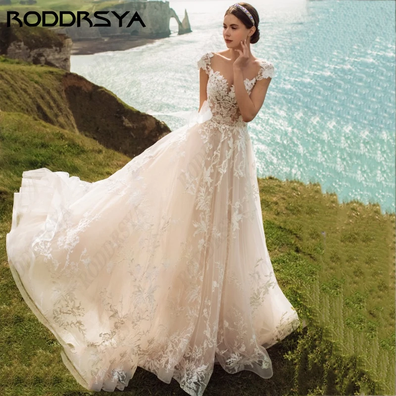 RODDRSYA-vestidos De novia De tul para mujer, Vestido De novia romántico, elegante, con manga De casquillo, con escote Corazón, minimalista vestidos De novia De tul para mujer, Vestido De novia romántico, elegante, con