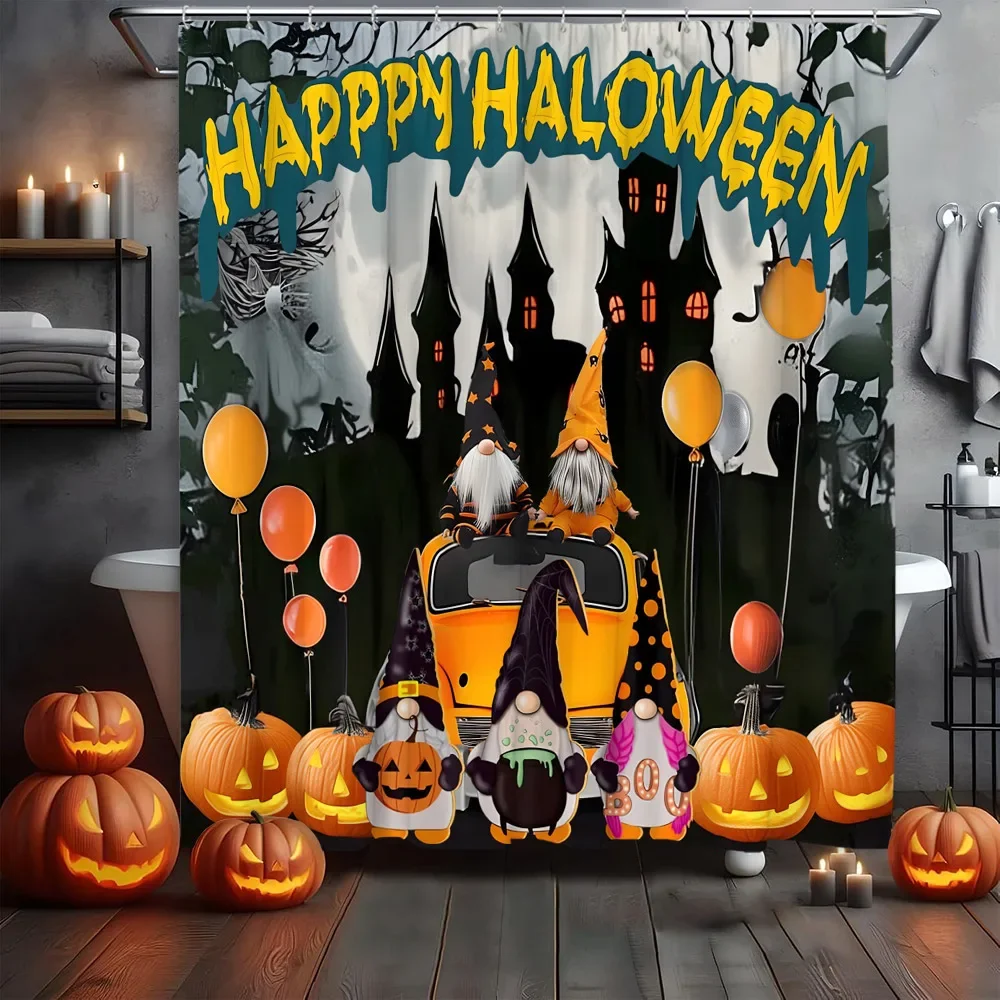 Halloween Shower Curtain Spooky Pumpkin Castle Scary Bat Cat Candle Cobweb Elf Home Polyester Fabric Bathroom Decor Curtain Set