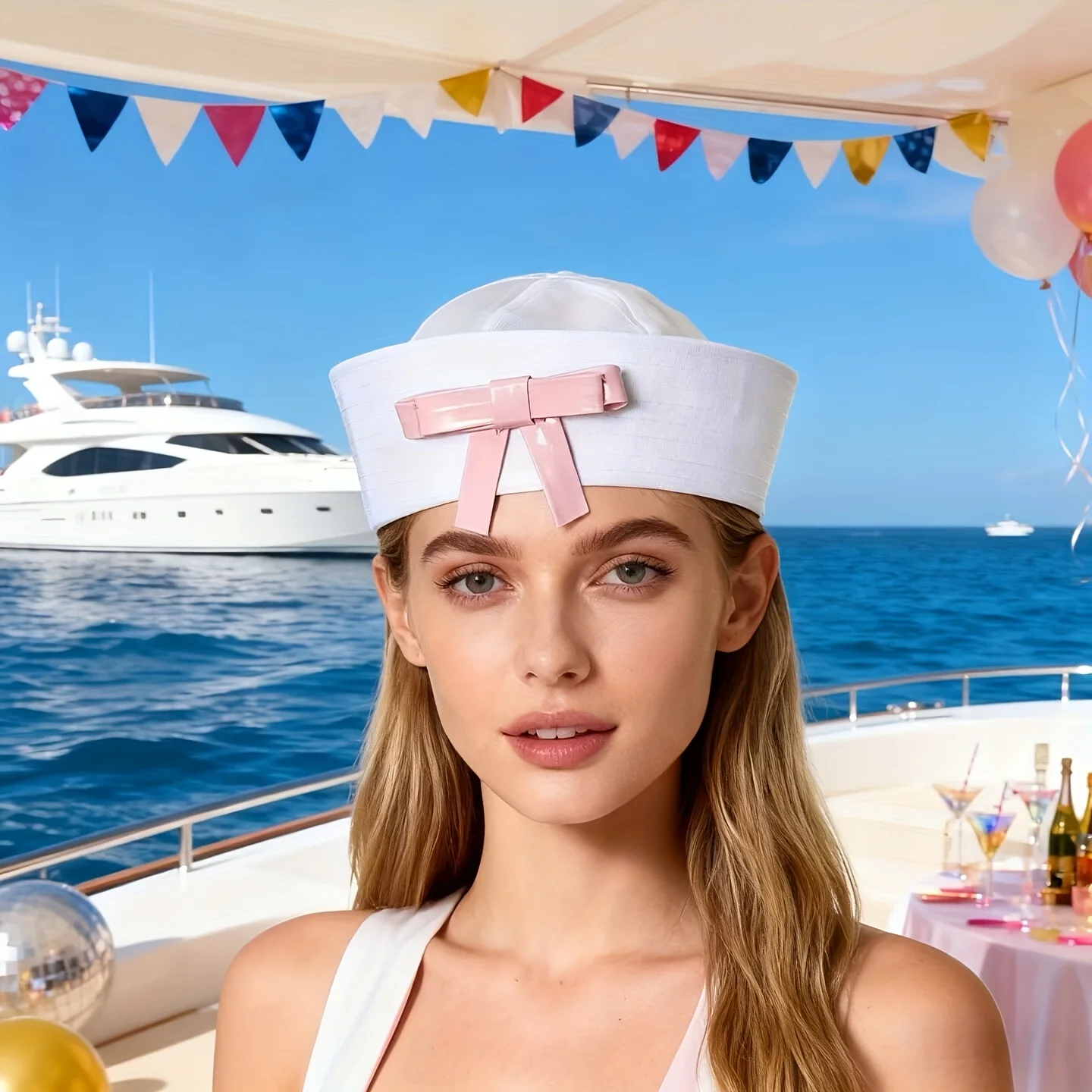 HongLuan Süße rosa Schleife Cosplay Matrosenhut, blaue Kapitänshüte Frau, Rave Festivals Zubehör, Kreuzfahrtschiff Partykappe für Männer
