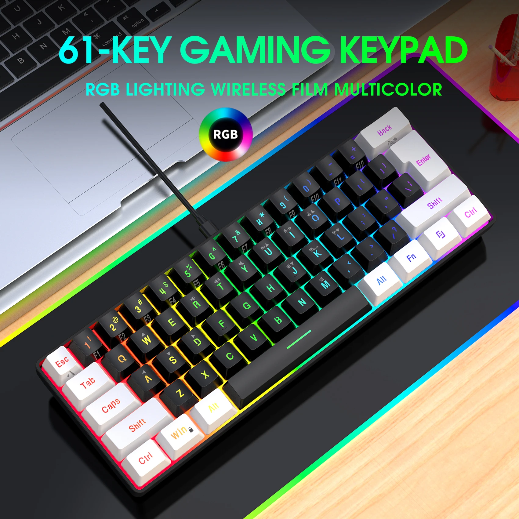 Imagem -04 - Teclado com Membrana Mini Gaming com Fio Teclas Double Shot Retroiluminação Rgb Ultra-compacto Impermeável 61 Teclas 60