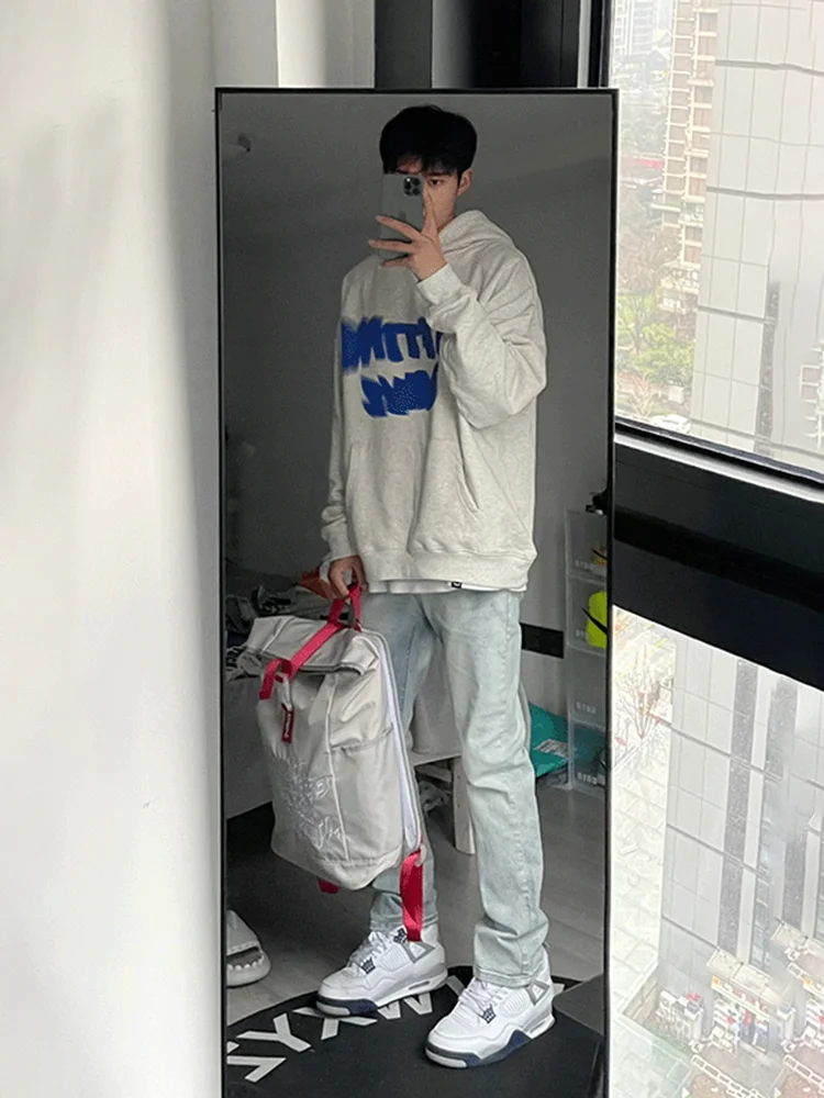 

Light Blue Men's Jeans Straight Leg Stretchy High Waist Autumn Long Pants American Sle Casual Straight Tube Trousers