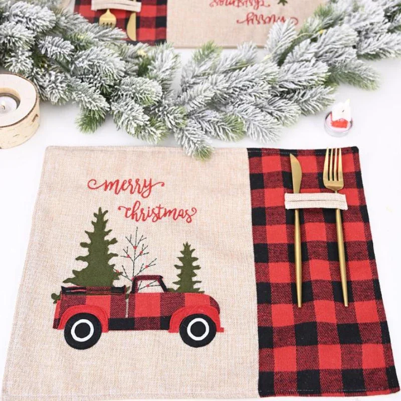 Christmas Tree Red Truck Placemats Table Mat Winter Buffalo Plaid Placemat Dining Home Xmas Table Decoration