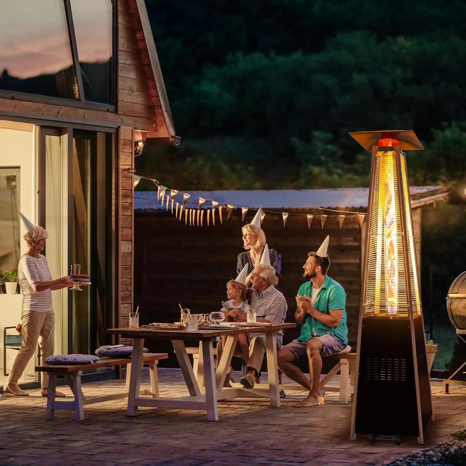 Flame Pyramid Pool Heater, Triple Safety Protection Patio Heater with Patio Cover, Warm Glass Tube Portable with Durable Wheels