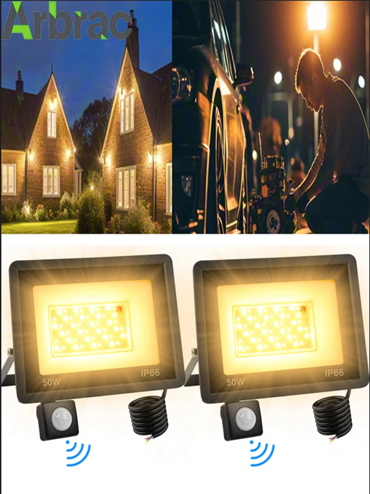 150W/100W/50W LED-Flutlicht mit PIR-Bewegungssensor, warmes Licht, LED-Außenstrahler, wasserdichter Projektor für Garten, Hotel, Hinterhof, Garage