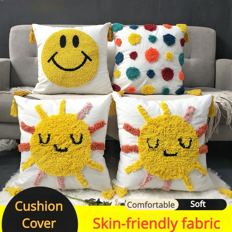 Tufted Cushion Cover with Embroidered Cartoon Sun Smile, Sofa Cushion Cover, Living Room Pillow, Coffee Shop Pillow, 45x45